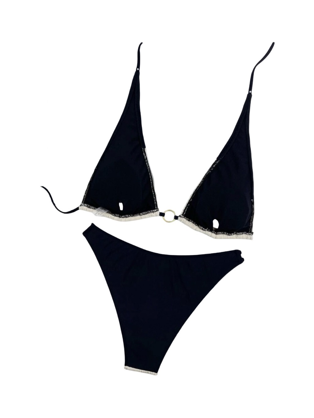 Black & Cream Pleated Triangle Bikini Set with Gold Ring Detail | NWOT - Picture 2 of 7